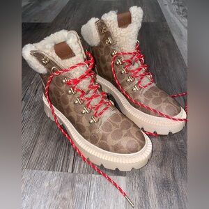 Coach Janel Signature Hiking Boots with Red Laces